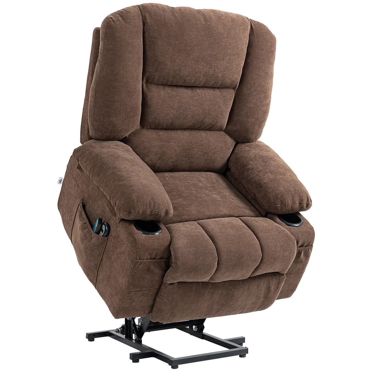 Fauteuil inclinable électrique marron avec massage par vibration, chauffage, positions réglables, télécommande et poches de rangement.