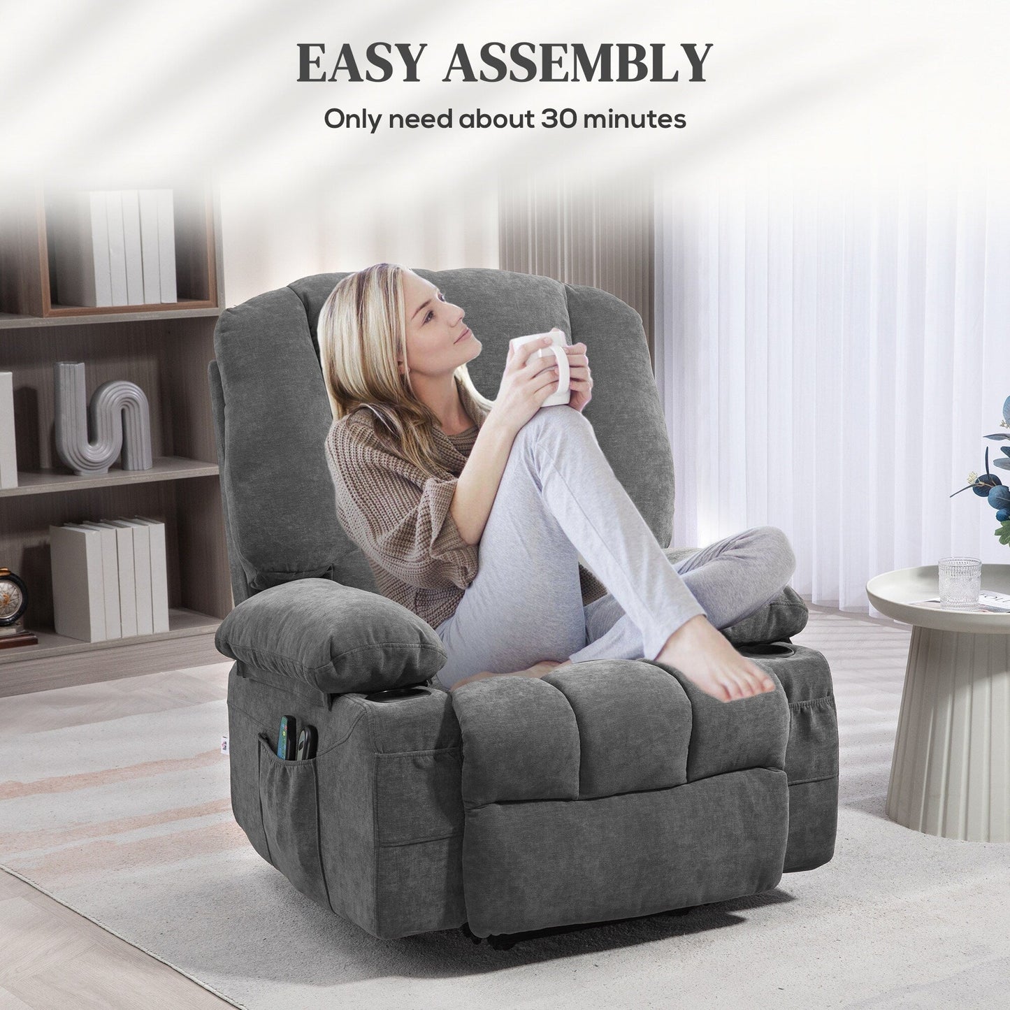 Fauteuil inclinable électrique marron avec massage par vibration, chauffage, positions réglables, télécommande et poches de rangement.