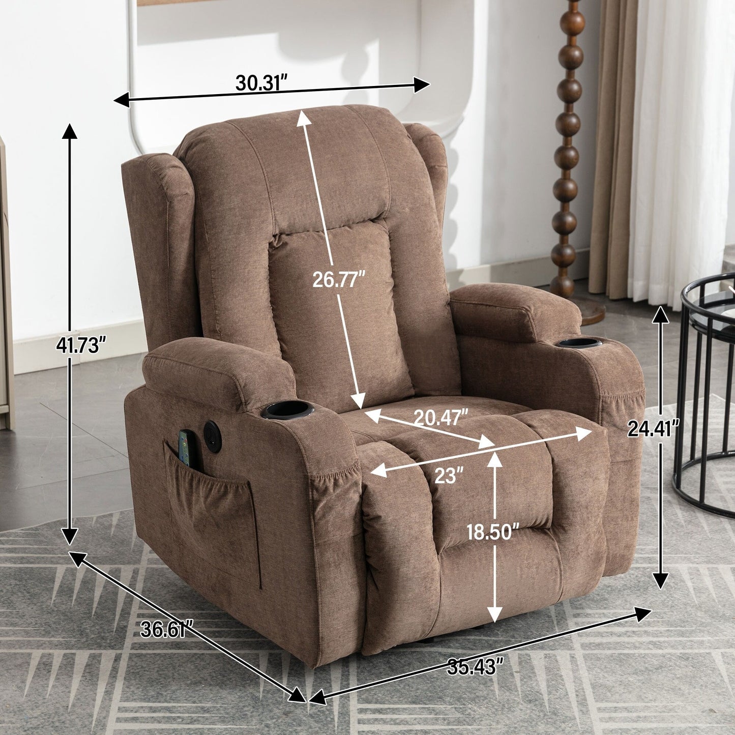 Fauteuil inclinable électrique marron avec chauffage, massage, port de chargement USB et poches latérales, réglable pour personnes âgées