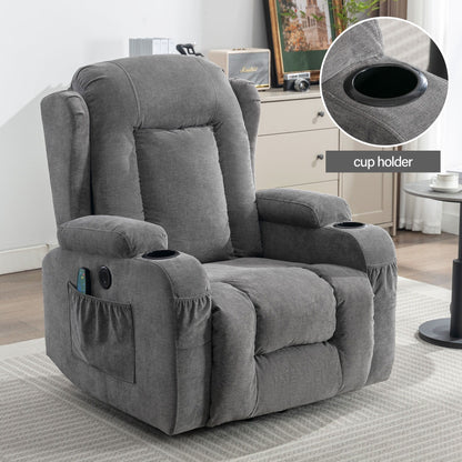 Fauteuil inclinable électrique marron avec chauffage, massage, port de chargement USB et poches latérales, réglable pour personnes âgées
