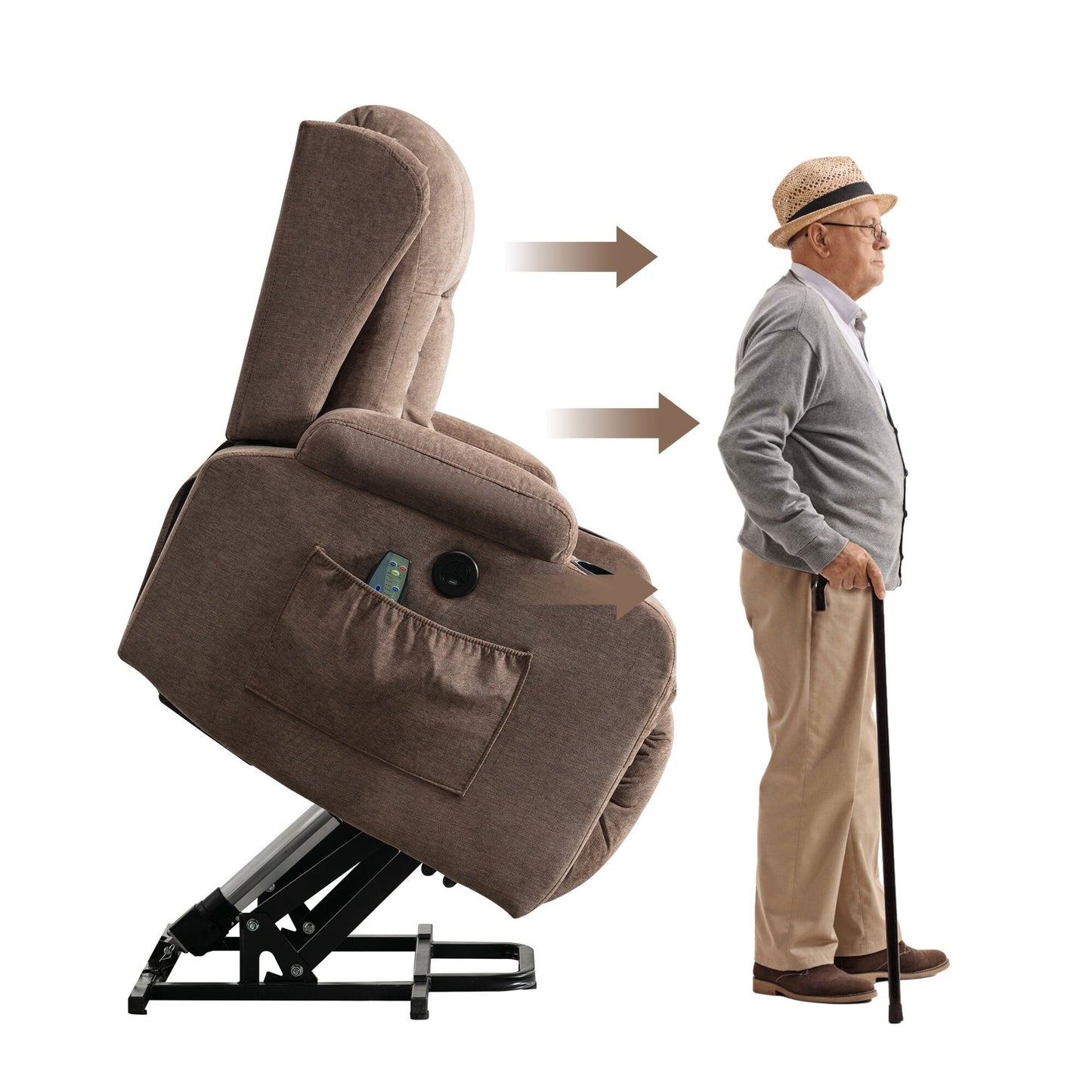 Fauteuil inclinable électrique marron avec chauffage, massage, port de chargement USB et poches latérales, réglable pour personnes âgées
