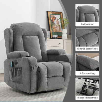 Fauteuil inclinable électrique marron avec chauffage, massage, port de chargement USB et poches latérales, réglable pour personnes âgées