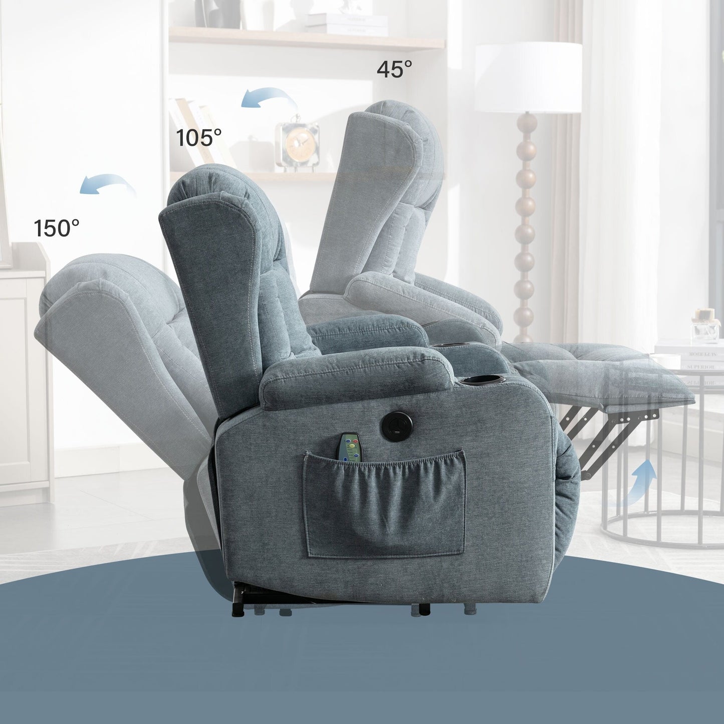Fauteuil inclinable électrique marron avec chauffage, massage, port de chargement USB et rangement latéral, réglable pour personnes âgées