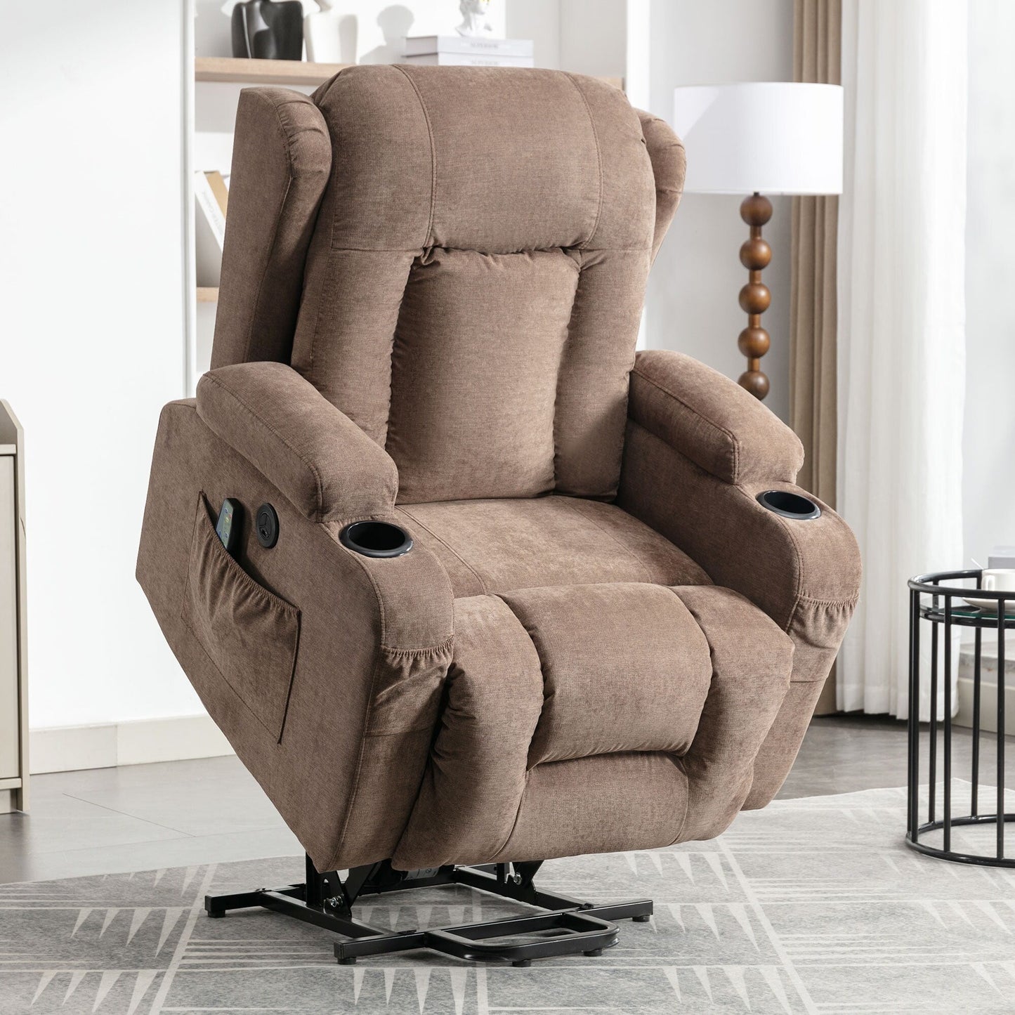 Fauteuil inclinable électrique marron avec chauffage, massage, port de chargement USB et rangement latéral, réglable pour personnes âgées