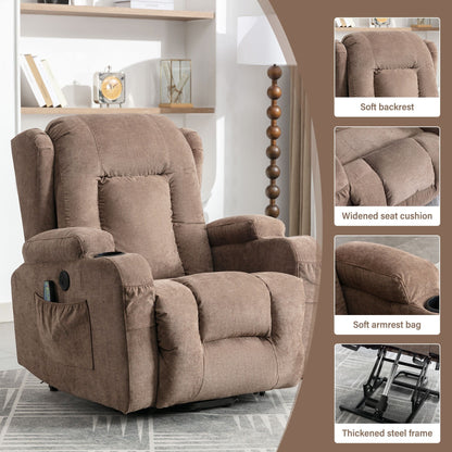 Fauteuil inclinable électrique marron avec chauffage, massage, port de chargement USB et rangement latéral, réglable pour personnes âgées