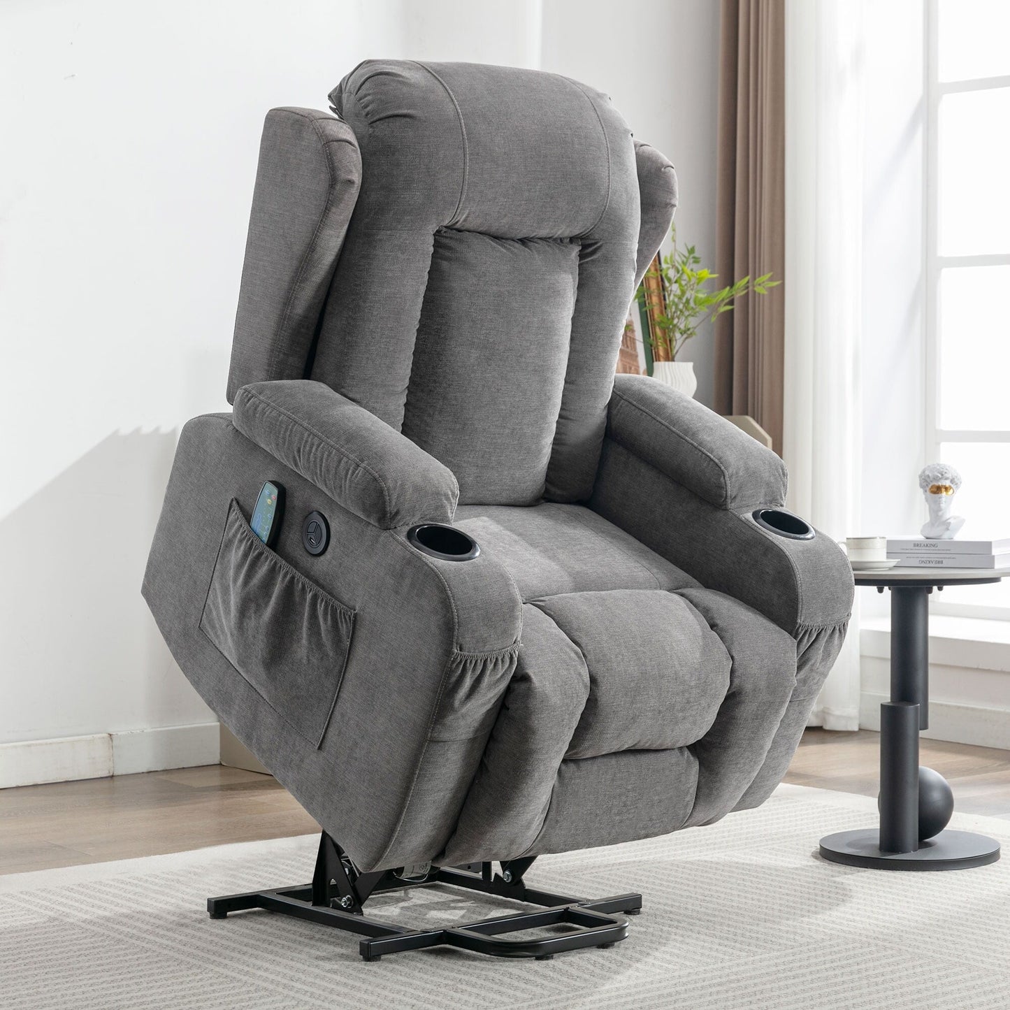 Fauteuil inclinable électrique marron avec chauffage, massage, chargement USB et rangement latéral, inclinaison réglable pour personnes âgées