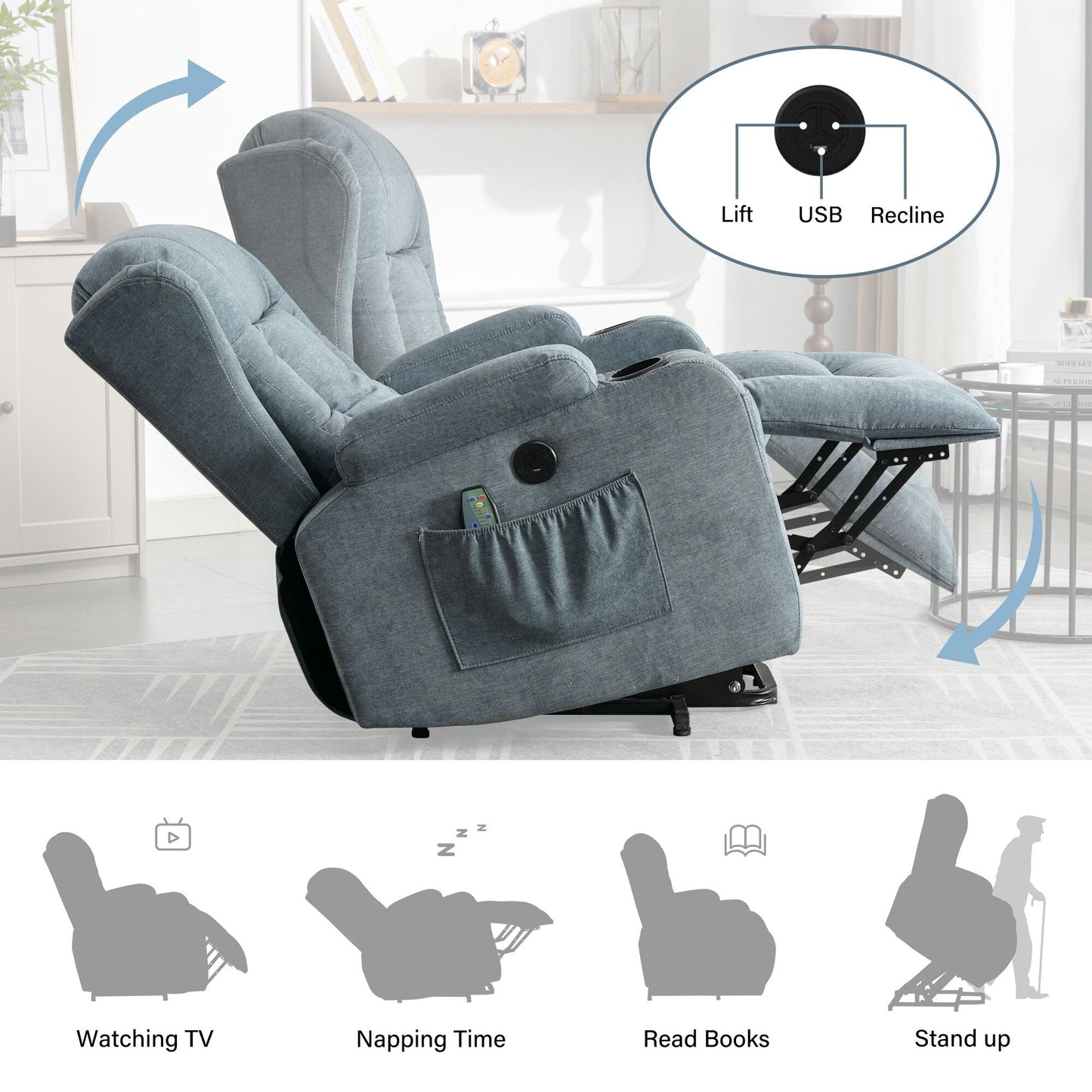 Fauteuil inclinable électrique marron avec chauffage, massage, chargement USB et rangement latéral, inclinaison réglable pour personnes âgées