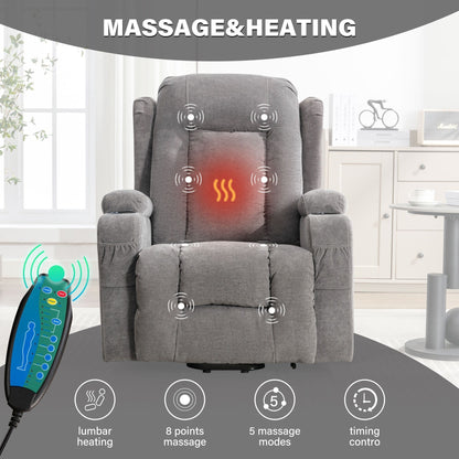 Fauteuil inclinable électrique marron avec chauffage, massage, chargement USB et rangement latéral, inclinaison réglable pour personnes âgées