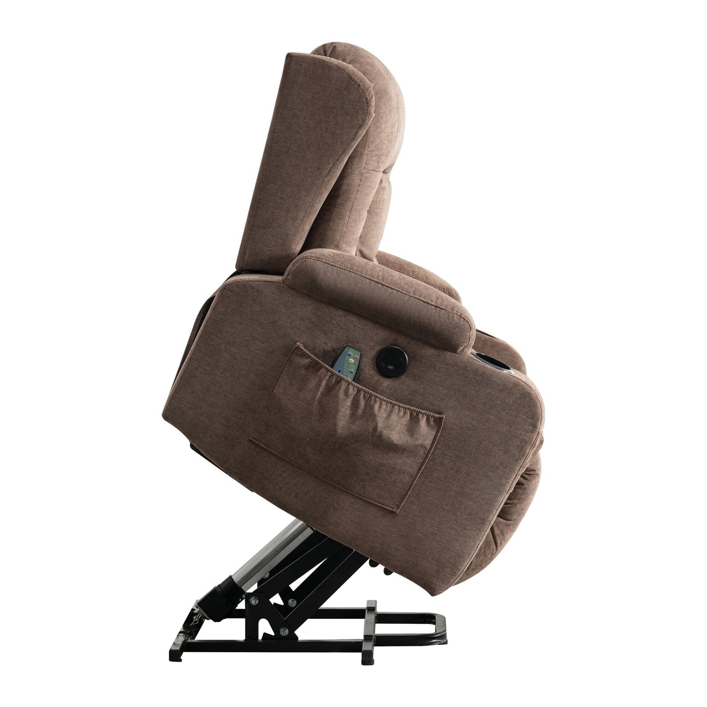 Fauteuil inclinable électrique marron avec chauffage, massage, chargement USB et rangement latéral, inclinaison réglable pour personnes âgées