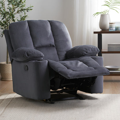 Fauteuil inclinable manuel élégant en tissu marron avec deux porte-gobelets, dimensions généreuses pour un confort optimal