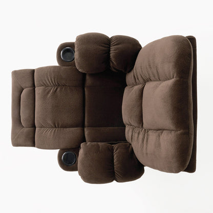 Fauteuil inclinable manuel élégant en tissu marron avec deux porte-gobelets, dimensions généreuses pour un confort optimal