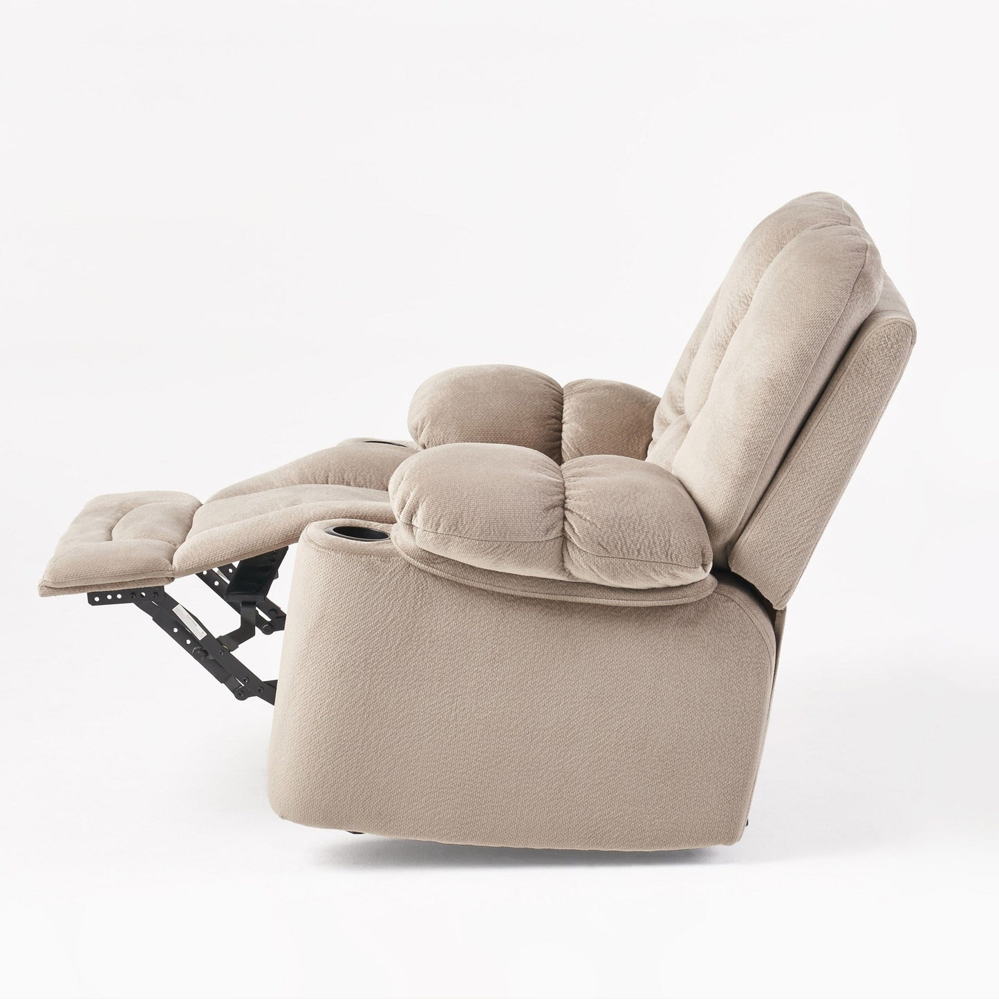 Fauteuil inclinable manuel élégant en tissu marron avec deux porte-gobelets, dimensions spacieuses pour un confort maximal
