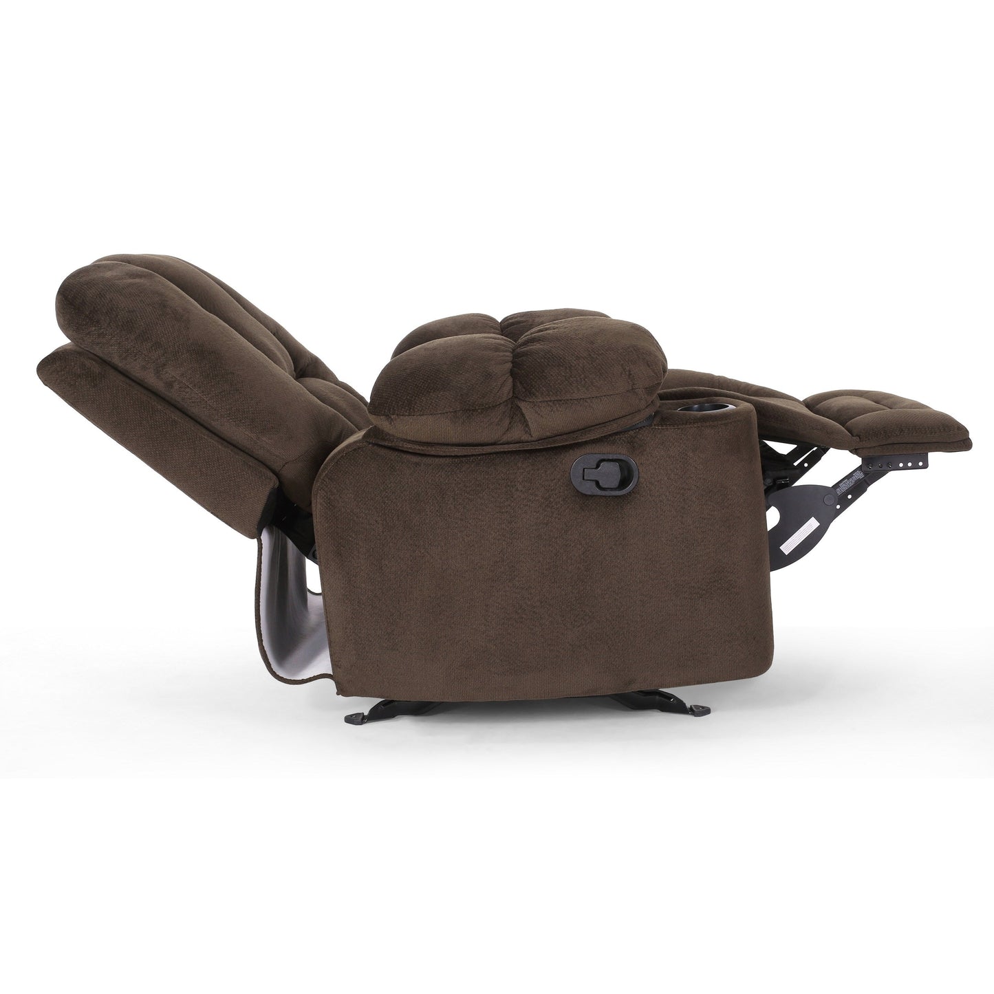 Fauteuil inclinable manuel élégant en tissu marron avec deux porte-gobelets, dimensions spacieuses pour un confort maximal
