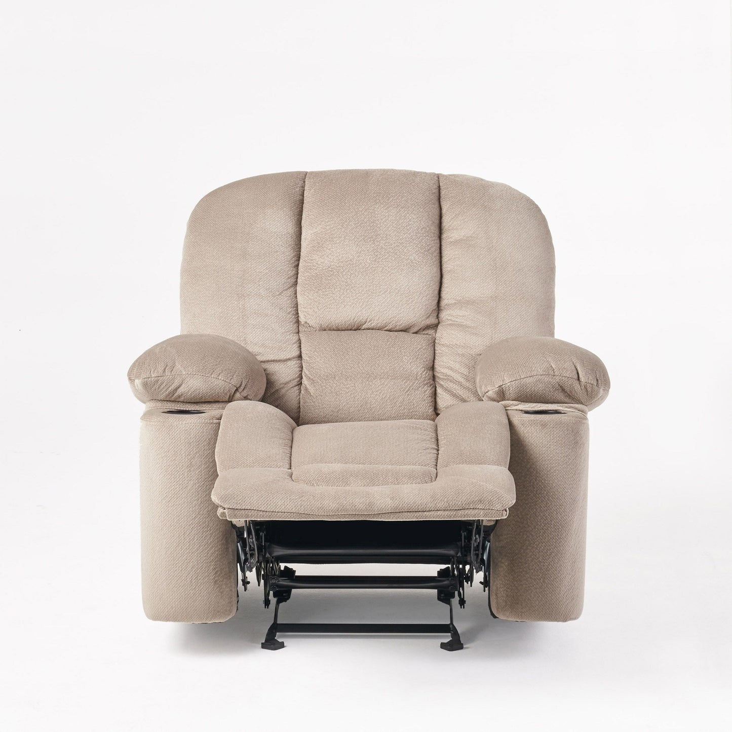 Fauteuil inclinable manuel élégant en tissu marron avec deux porte-gobelets et dimensions généreuses pour un confort maximal