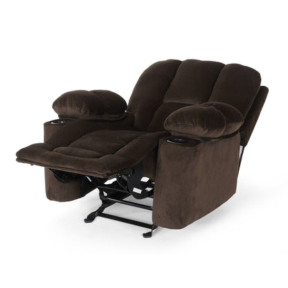 Fauteuil inclinable manuel élégant en tissu marron avec deux porte-gobelets et dimensions généreuses pour une détente maximale