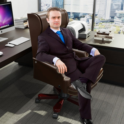 Fauteuil de bureau pivotant ergonomique en similicuir marron avec repose-pieds, dossier capitonné et décoration cloutée