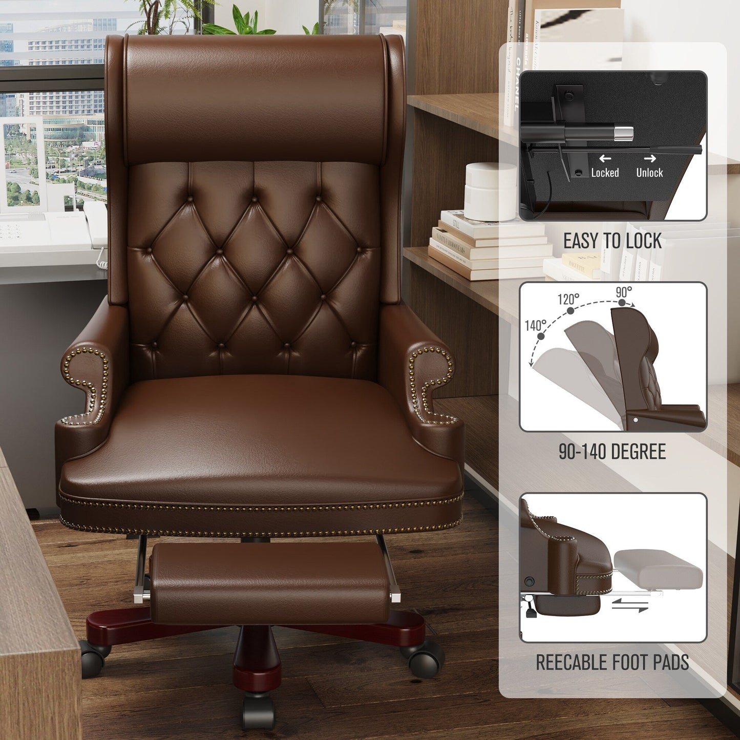 Fauteuil de bureau pivotant ergonomique en similicuir marron avec repose-pieds, dossier capitonné et décoration cloutée