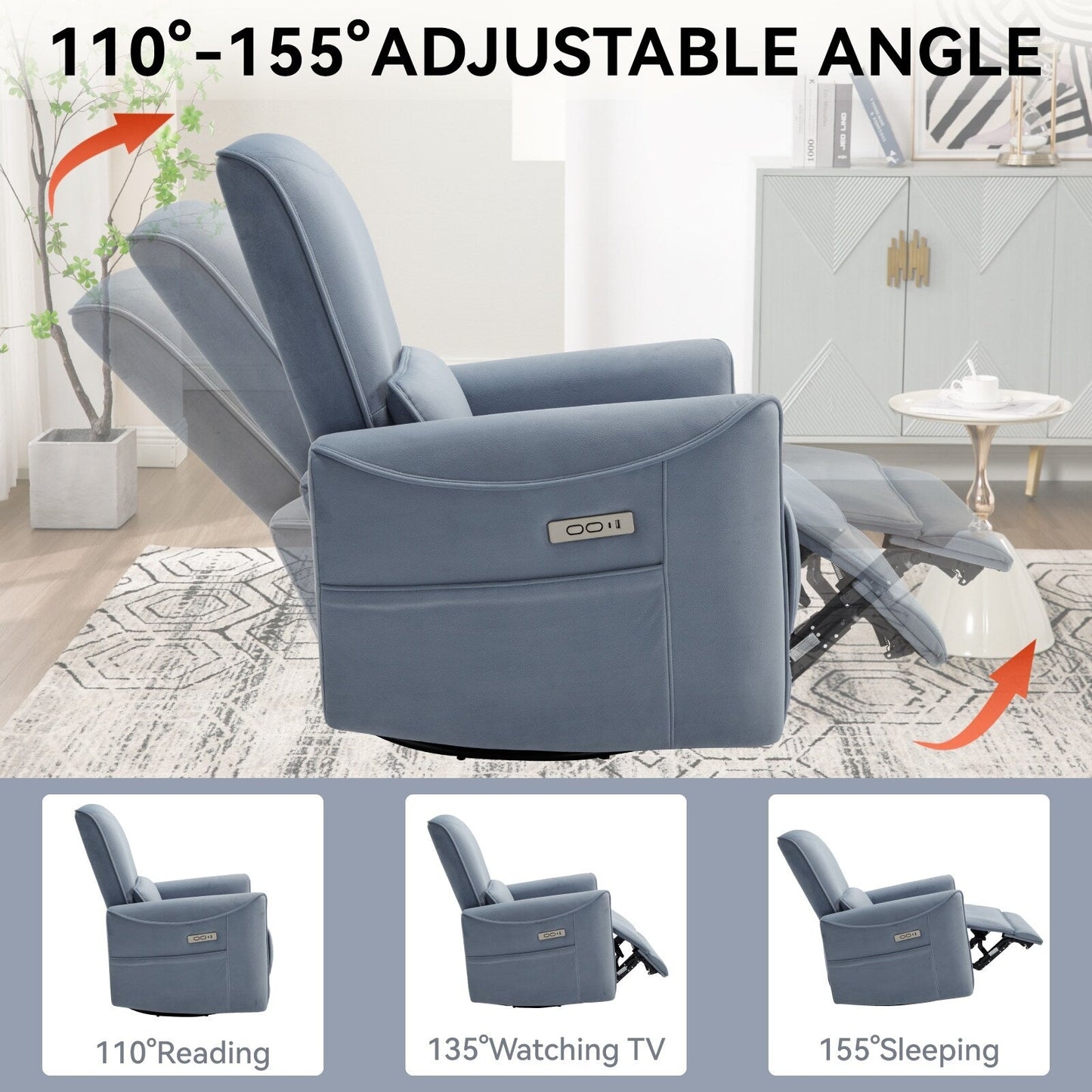 Fauteuil inclinable ergonomique marron avec pivot à 270°, mouvement de bascule doux, tissu résistant, ports USB et Type-C