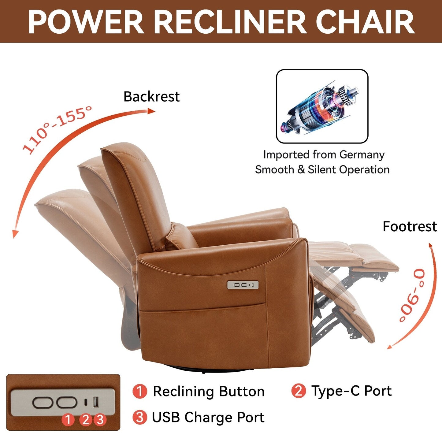 Fauteuil inclinable électrique ergonomique marron avec pivot à 270°, balancement doux, revêtement durable et chargement USB et Type-C