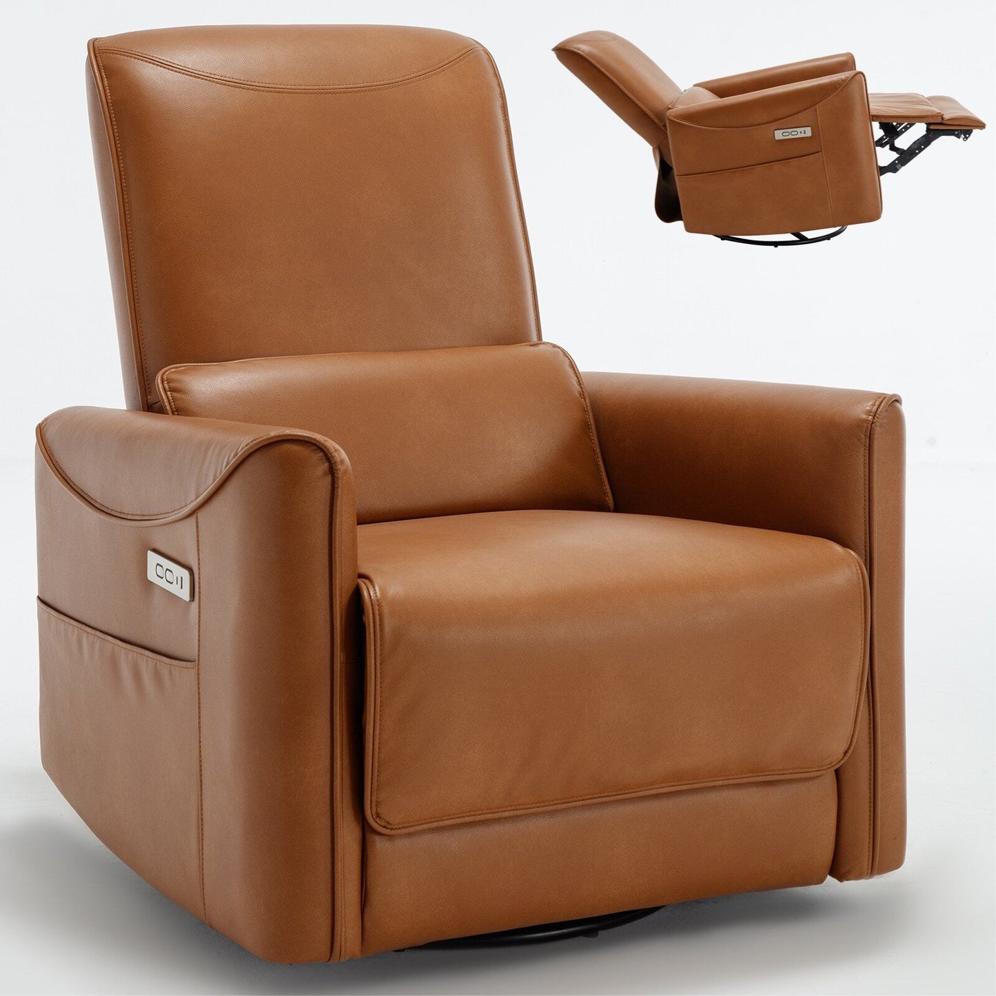 Fauteuil inclinable électrique ergonomique marron avec pivot à 270°, ports de charge USB et Type-C et support lombaire
