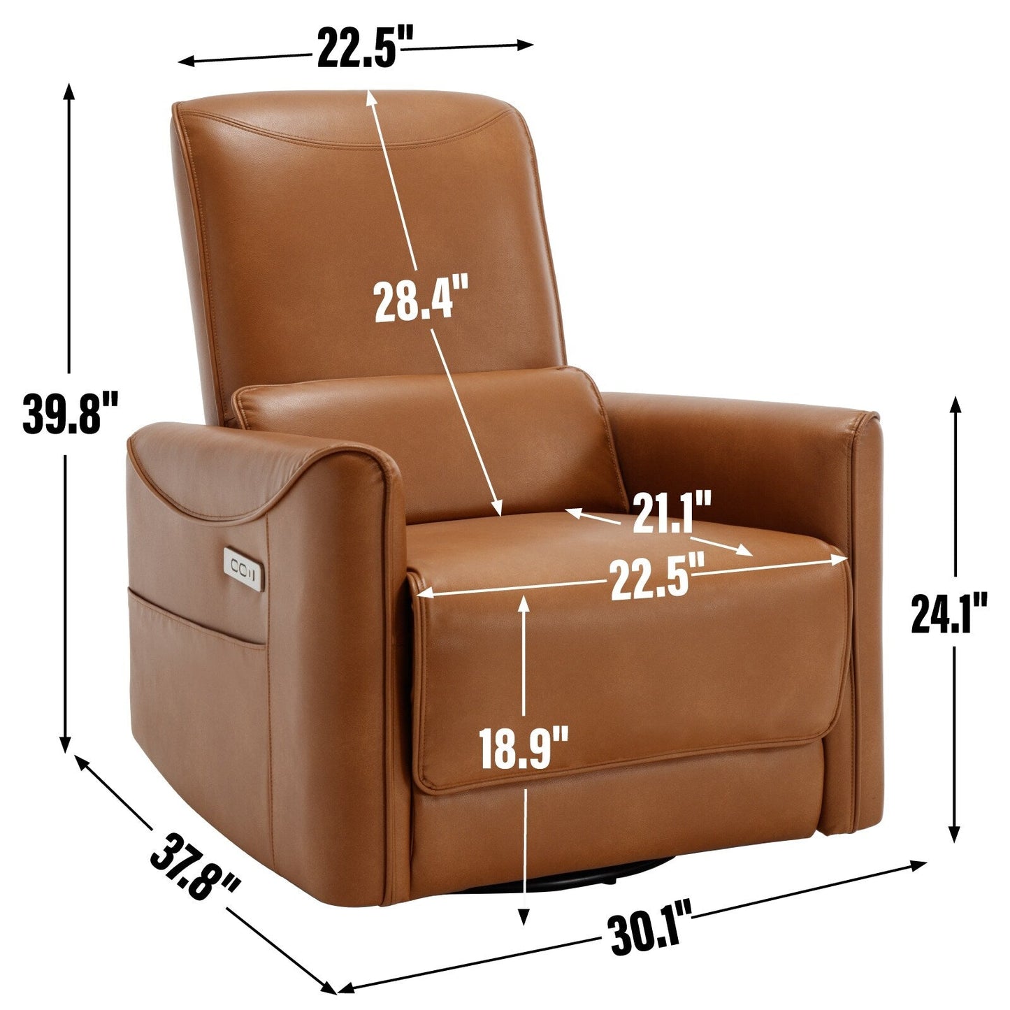 Fauteuil inclinable électrique ergonomique marron avec pivot à 270°, ports de charge USB et Type-C et support lombaire