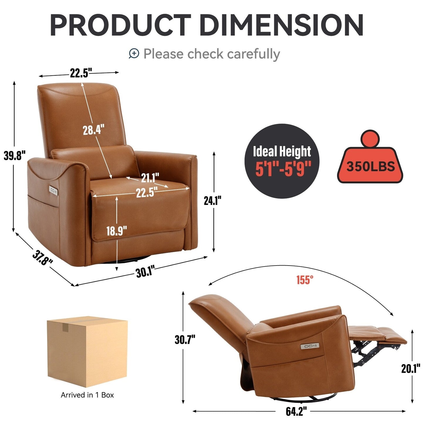 Fauteuil inclinable électrique ergonomique marron avec pivot à 270°, ports de charge USB et Type-C et support lombaire