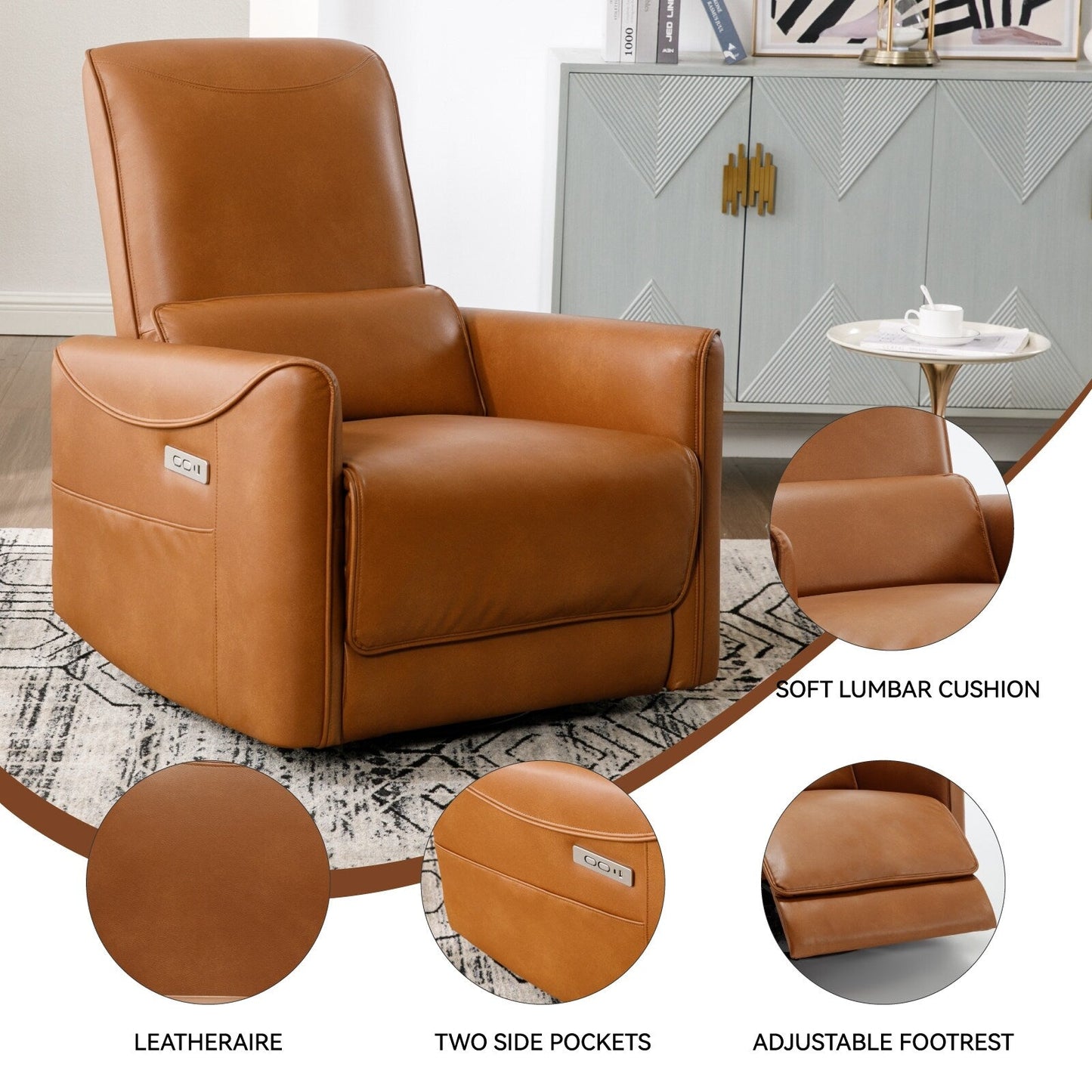 Fauteuil inclinable ergonomique marron pivotant à 270°, ports USB et Type-C, et coussin lombaire confortable