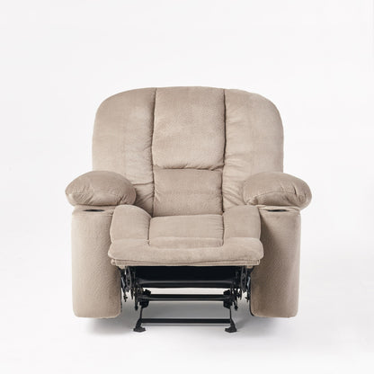 Fauteuil inclinable manuel en tissu marron avec deux porte-gobelets et dimensions généreuses
