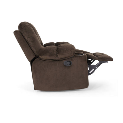 Fauteuil inclinable manuel en tissu marron avec deux porte-gobelets et dimensions généreuses