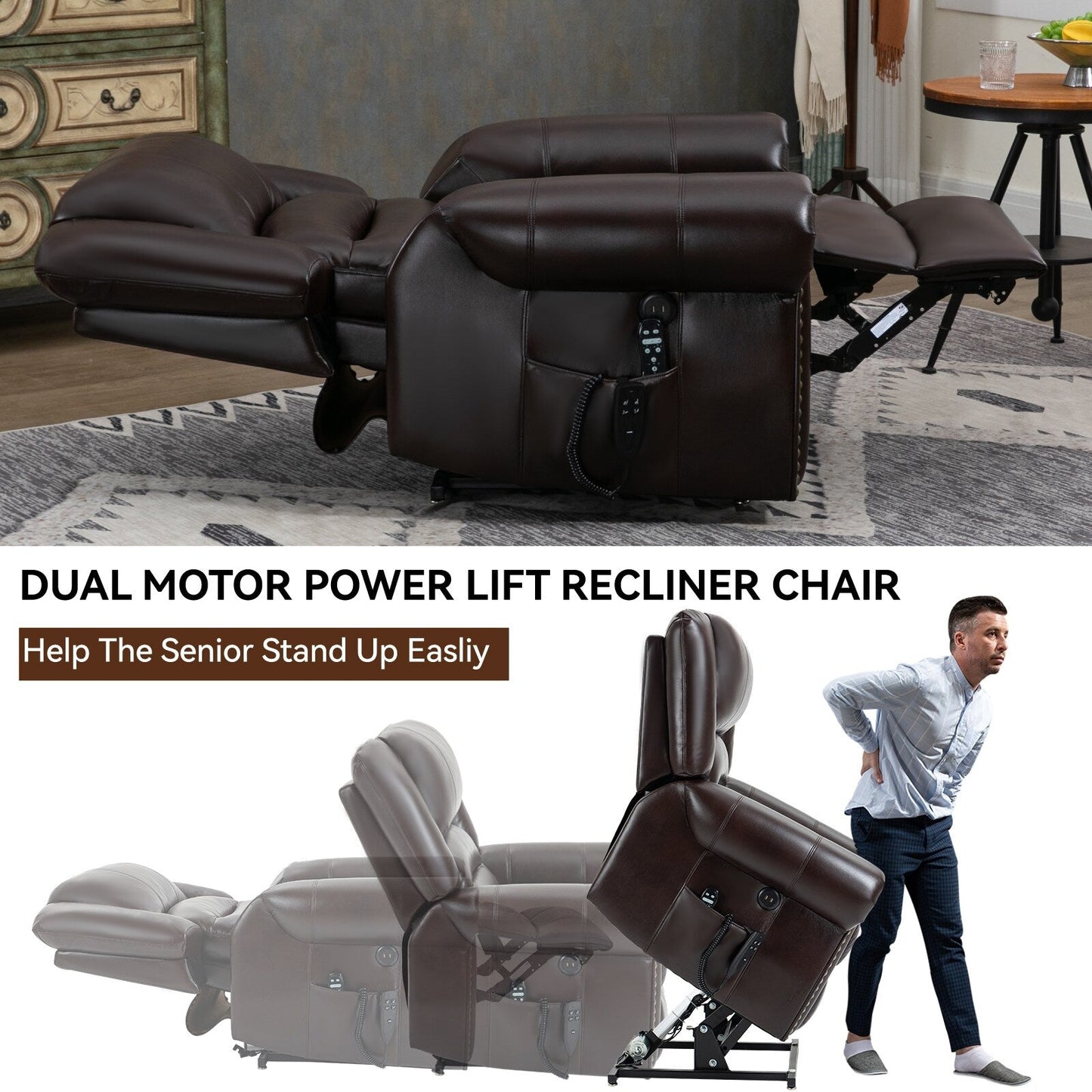 Fauteuil inclinable à double moteur en similicuir marron avec chauffage et massage, ports USB et inclinaison infinie pour personnes âgées