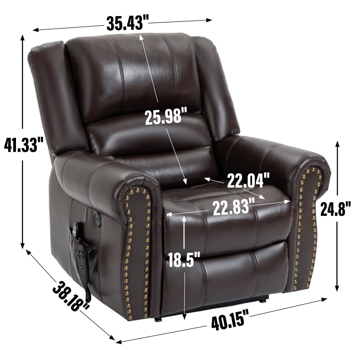 Fauteuil inclinable à double moteur en similicuir marron avec chauffage et massage, ports USB et inclinaison infinie pour personnes âgées