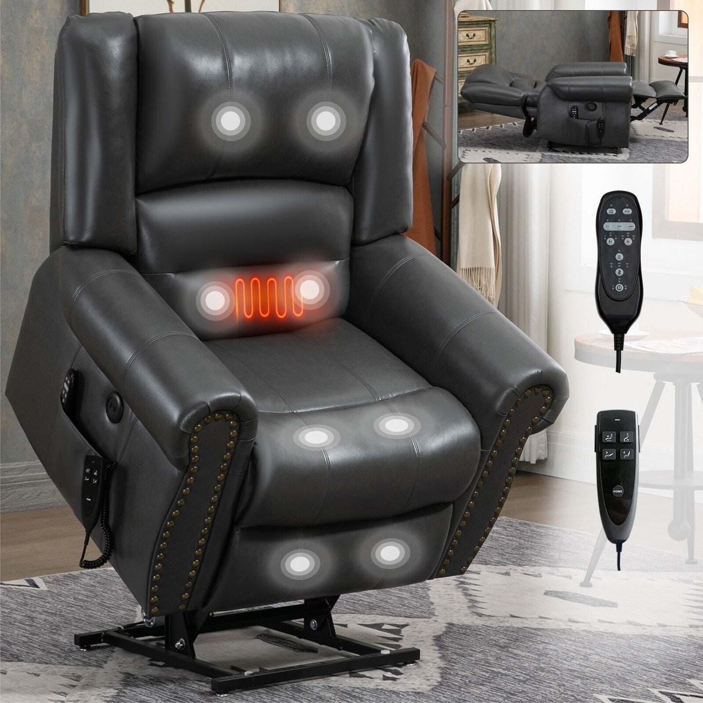 Fauteuil inclinable à double moteur en similicuir marron avec chauffage et massage, ports USB et inclinaison infinie pour personnes âgées
