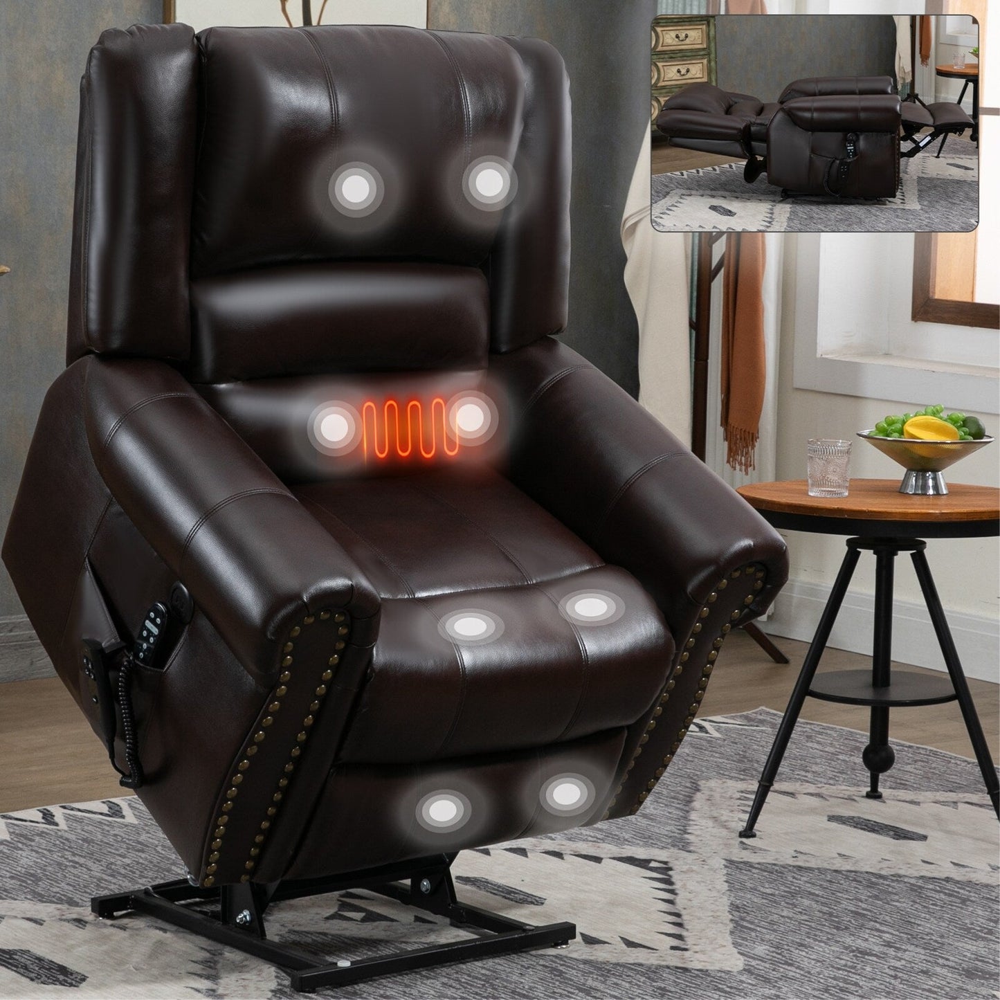 Fauteuil inclinable à double moteur en similicuir marron avec chauffage et massage, ports USB et inclinaison infinie pour personnes âgées