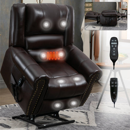 Fauteuil inclinable à double moteur en similicuir marron avec chauffage et massage, ports USB et inclinaison infinie pour personnes âgées