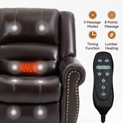 Fauteuil inclinable électrique à double moteur en similicuir marron avec massage thermique, ports USB et inclinaison réglable pour personnes âgées