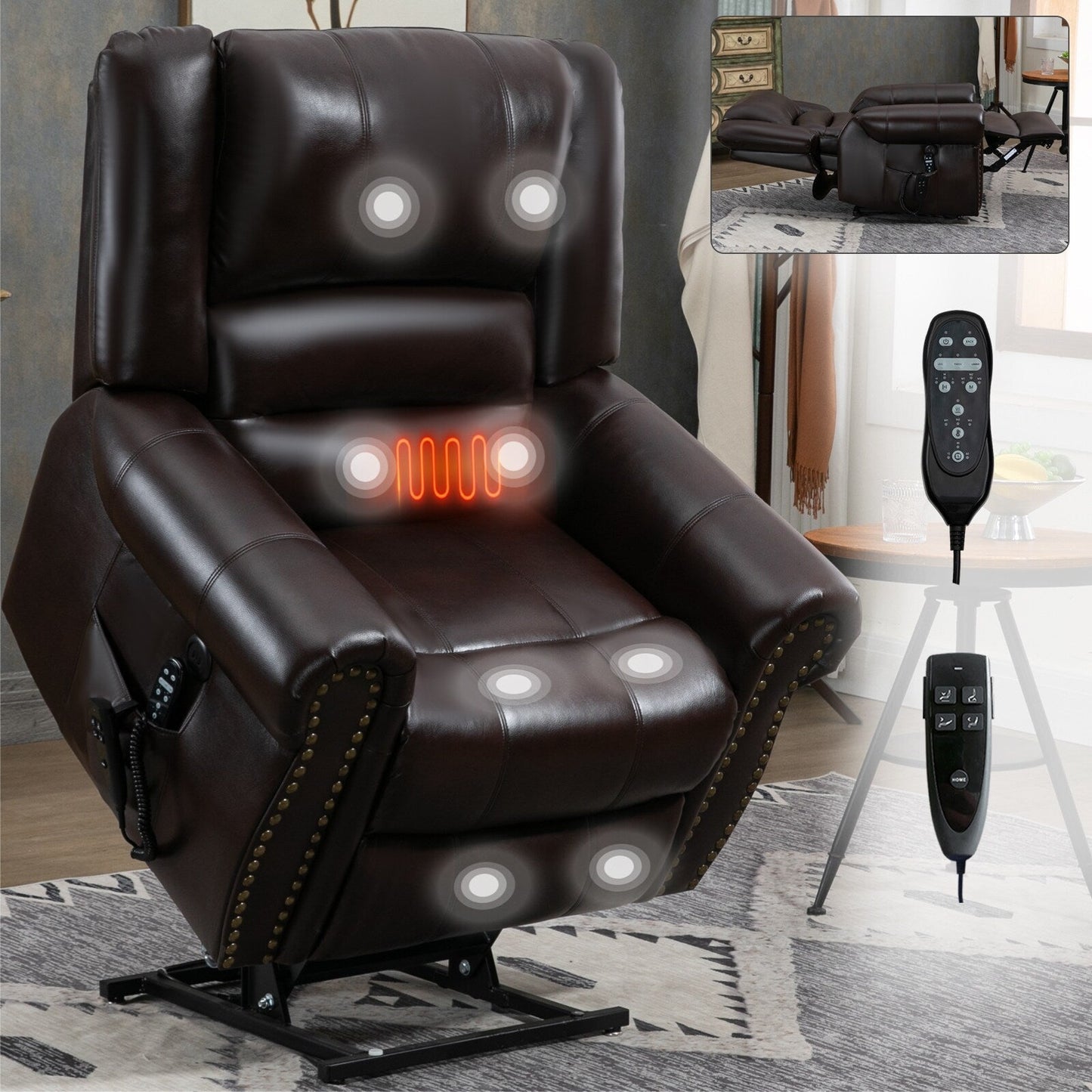 Fauteuil inclinable électrique à double moteur en similicuir marron avec massage thermique, ports USB et inclinaison réglable pour personnes âgées