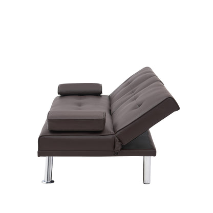 Canapé-lit pliant en similicuir marron avec pieds en métal et porte-gobelet