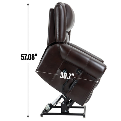 Fauteuil inclinable électrique en similicuir marron avec double moteur, massage thermique, ports USB et inclinaison infinie pour personnes âgées