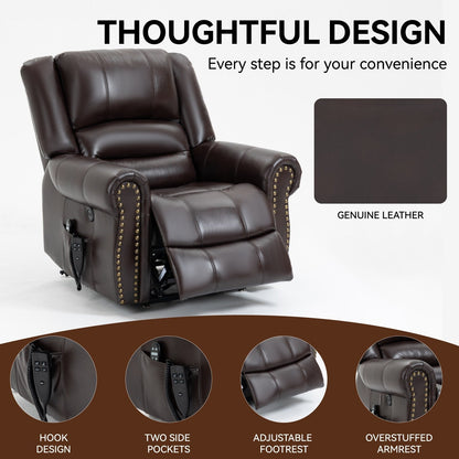 Fauteuil inclinable électrique en similicuir marron avec double moteur, massage thermique, ports USB et inclinaison infinie pour personnes âgées