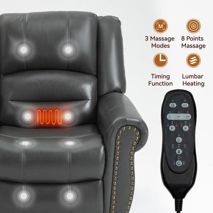 Fauteuil inclinable électrique en similicuir marron avec double moteur, massage thermique, ports USB et inclinaison infinie pour personnes âgées