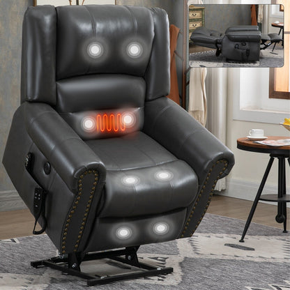 Fauteuil inclinable électrique en similicuir marron avec double moteur, massage thermique, ports USB et inclinaison infinie pour personnes âgées