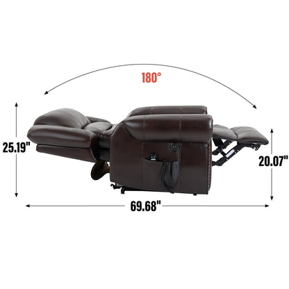 Fauteuil inclinable électrique en similicuir marron avec massage thermique, connectivité USB et plusieurs positions d'inclinaison