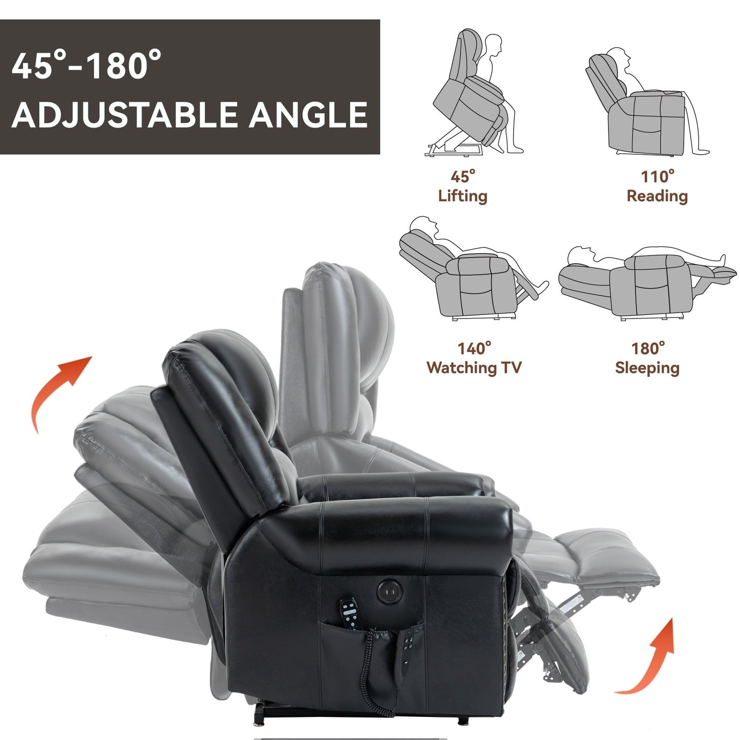 Fauteuil inclinable électrique en cuir véritable marron avec double moteur, massage thermique, ports USB et inclinaison infinie