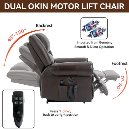 Fauteuil inclinable électrique en cuir véritable marron avec double moteur, massage thermique, ports USB et inclinaison infinie