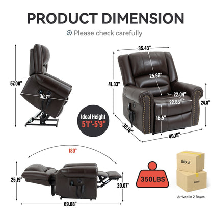 Fauteuil inclinable électrique en cuir véritable marron avec deux moteurs, massage chauffant, ports USB et inclinaison réglable