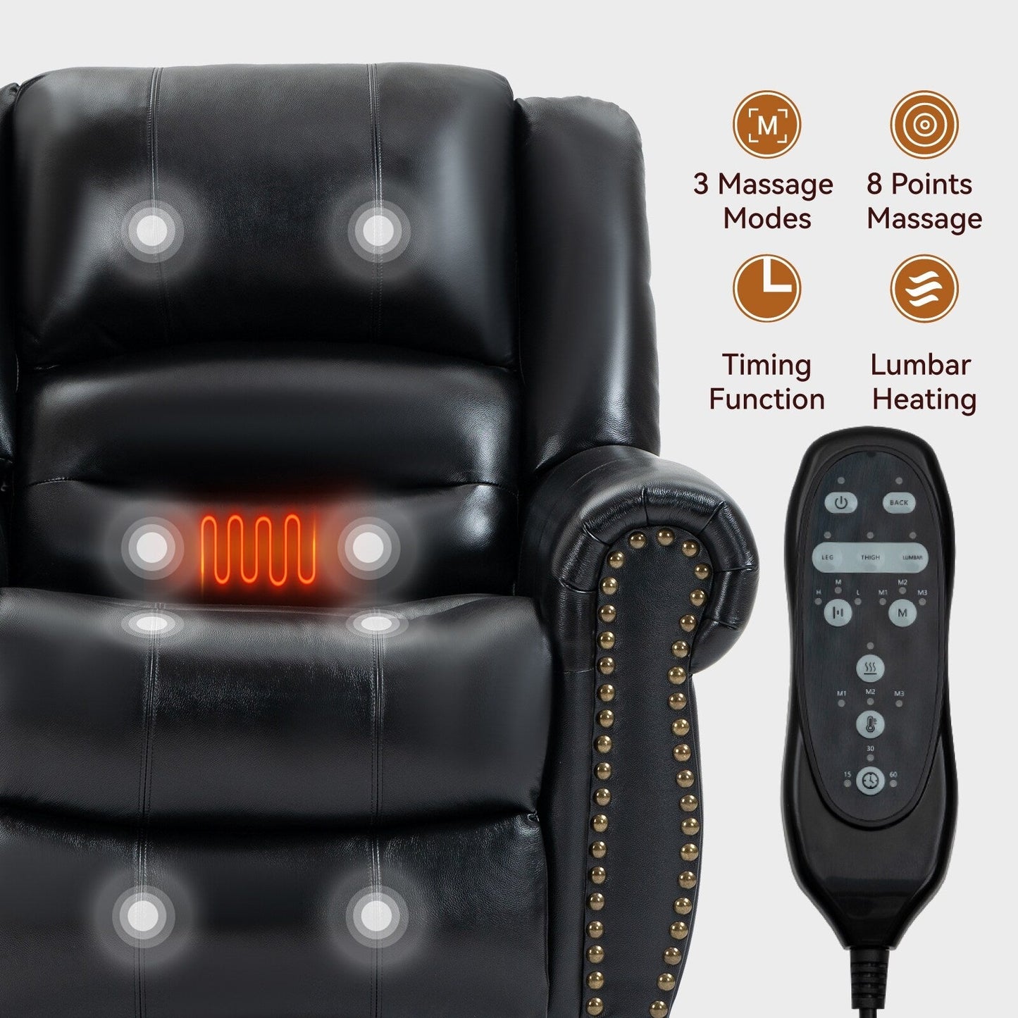Fauteuil inclinable électrique en cuir véritable marron avec deux moteurs, massage chauffant, ports USB et fonction d'inclinaison complète