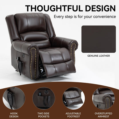 Fauteuil inclinable électrique en cuir véritable marron avec chauffage, massage et ports USB