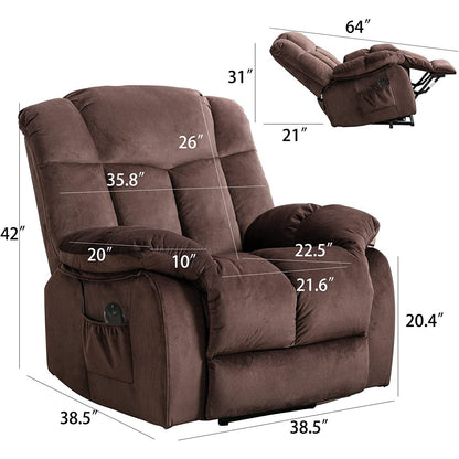Fauteuil inclinable électrique robuste marron avec tissu antidérapant, coussin rembourré et fonctions réglables pour personnes âgées