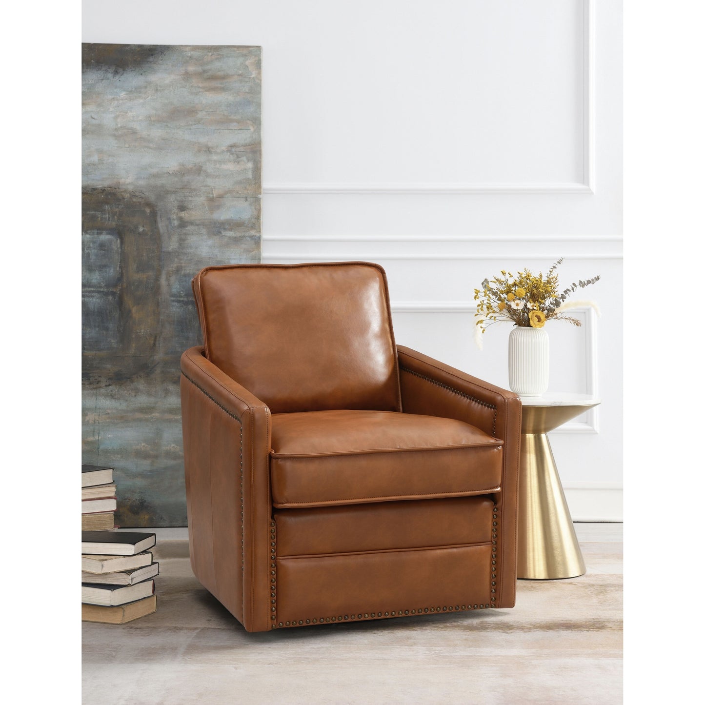Fauteuil pivotant Aire en cuir marron avec patins
