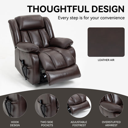 Fauteuil inclinable électrique en cuir marron avec massage, chauffage lombaire et deux moteurs